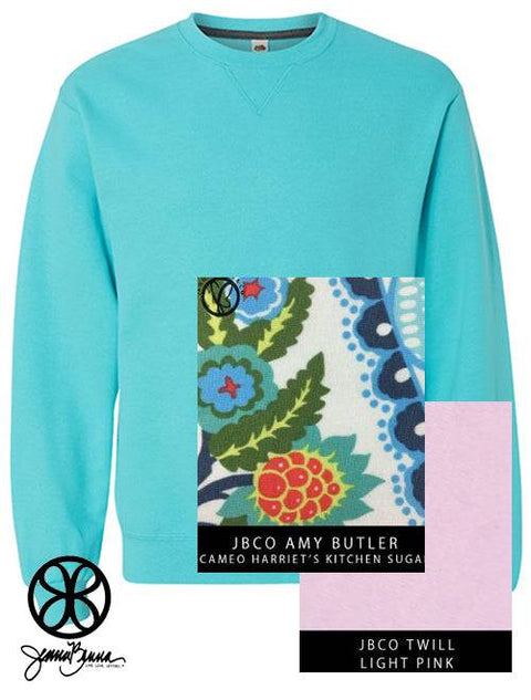 Scuba Blue Crewneck Sweatshirt With Amy Butler Harriet's Kitchen On Light Pink Twill - JennaBenna