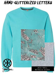 Scuba Blue Crewneck Sweatshirt With Hand Glitterized Marble Silvermine Cracked Ice On Metallic Silver Twill - JennaBenna
