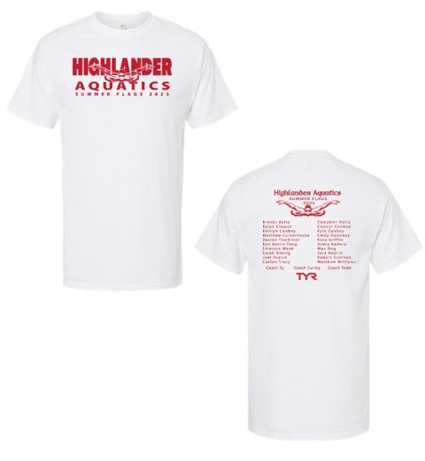 SUMMER FLAGS 2023- Highlander Aquatics Short Sleeve Shirt WITH BACK ROSTER - JennaBenna