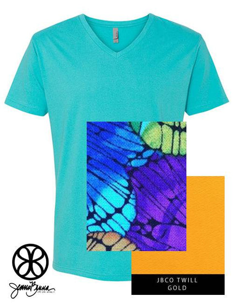 Tahiti Blue V Neck With Color Luscious Colorfiles On Gold Twill - JennaBenna