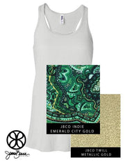 White Flowy Tank With Indie Emerald City Gold On Metallic Gold Twill - JennaBenna