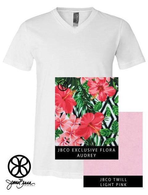 White V-Neck With Audrey Floral On Light Pink Twill - JennaBenna