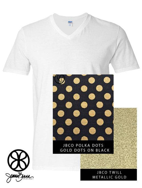 White V-Neck with Metallic Gold Polka Dots on Black On Metallic Gold Twill - JennaBenna
